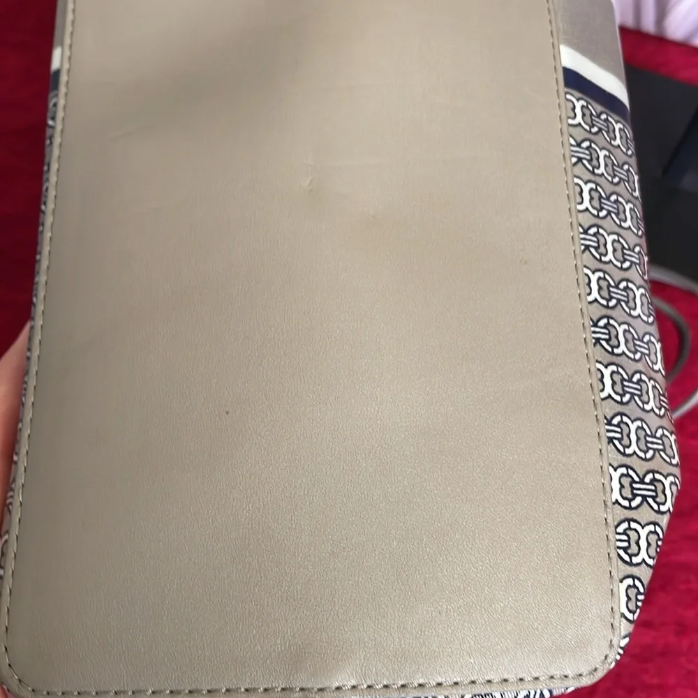 TORY BURCH GEMINI LINK TAUPE NAVY PRINTED TOTE BAG